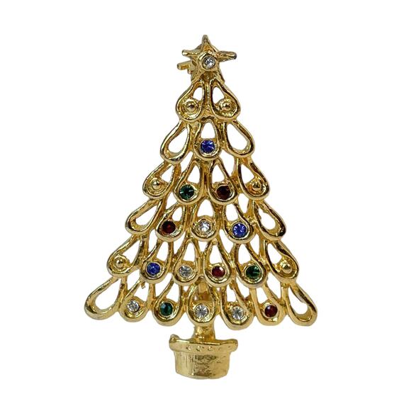 1980s Gold Plated Multi Colored Rhinestones Christmas Tree Holiday Pin Brooch - Picture 3 of 3